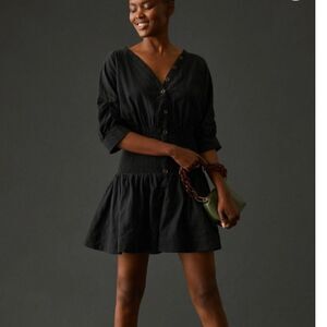 Anthropologie Maeve Puff-Sleeve Smocked Mini Dress Black SIZE M